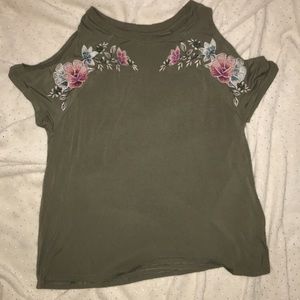 ae off the shoulder embroidered flower shirt